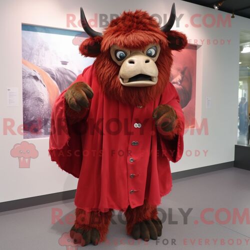 Costume De Mascotte Redbrokoly De Rhinocéros Laineux Rouge Habillé D Un Imperméable Et De Pinces À Cheveux