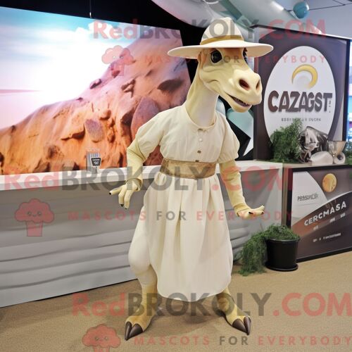 Costume Mascotte Redbrokoly De Parasaurolophus Crème Personnage Habillé Avec Une Robe De Cocktail Et Des Ceintures