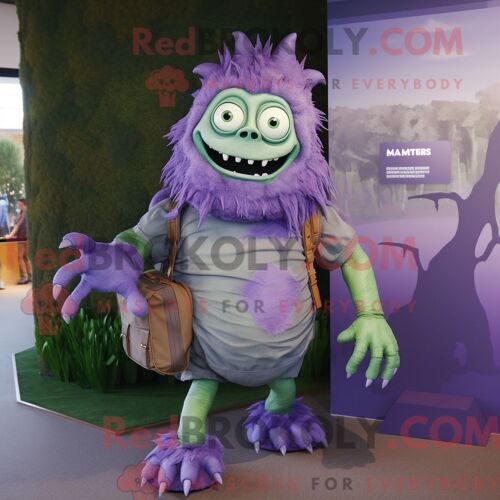 Personnage De Costume De Mascotte Redbrokoly De Monstre De Frankenstein De Lavande Habillé Avec Une Couverture Et Des Sacs À Dos