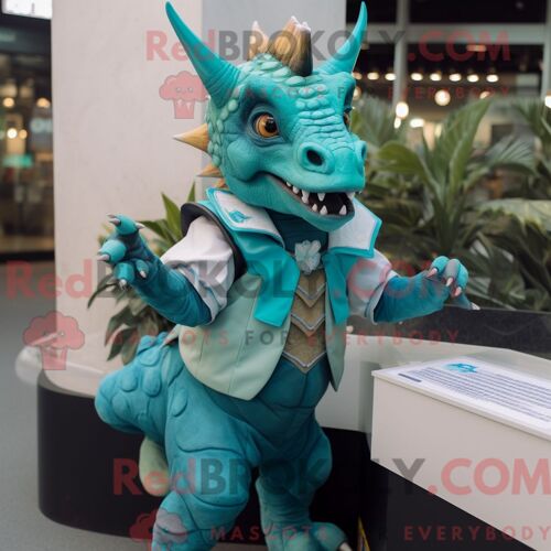 Costume Mascotte Redbrokoly De Triceratops Turquoise Personnage Habillé Avec Un Chemisier Et Des Portefeuilles