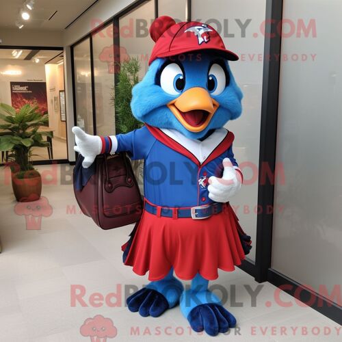 Costume De Mascotte Redbrokoly De Geai Bleu Rouge Habillé D Une Mini-Robe Et De Sacs À Main