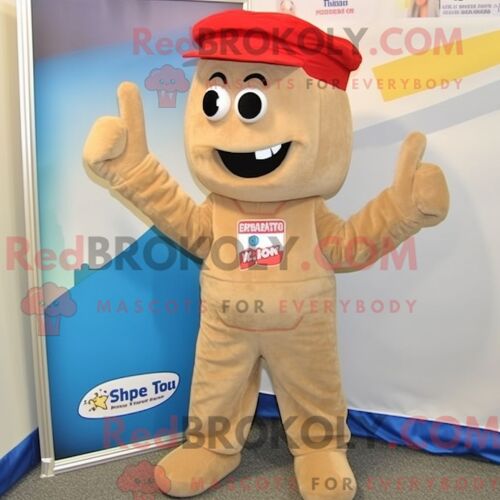 Costume De Mascotte Redbrokoly De Tan Pepper Habillé D Un Pantalon Et D Une Casquette En Velours Côtelé