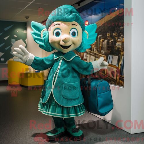 Costume De Mascotte Redbrokoly D Elfe Bleu Sarcelle Habillé Avec Une Jupe Et Des Sacs À Main