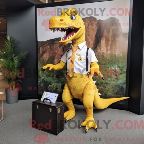 Costume De Mascotte Redbrokoly De Spinosaurus Jaune Personnage Habillé D Une Chemise Oxford Et De Porte-Documents