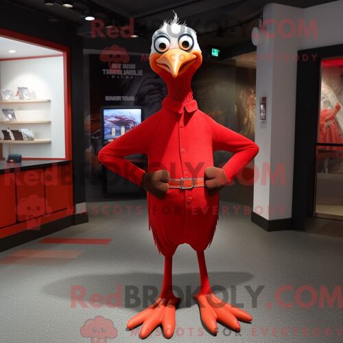 Costume Mascotte Redbrokoly De Mouette Rouge Habillé Avec Un Jean Skinny Et Des Gants