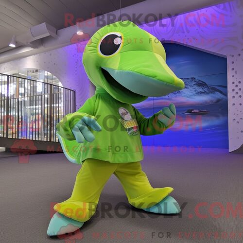 Costume De Mascotte Redbrokoly De Dauphin Vert Citron Habillé D Un Jean Évasé Et De Coussinets De Pieds