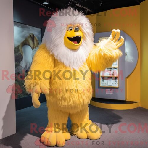Costume De Mascotte Redbrokoly De Yéti Jaune Citron Personnage Habillé Avec Une Veste Et Des Pinces À Cheveux