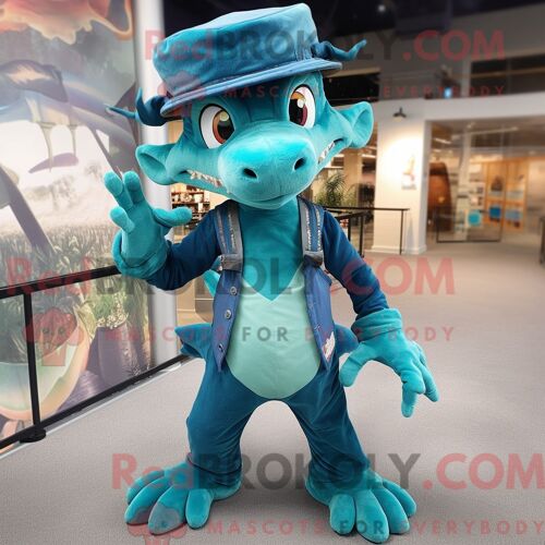 Costume De Mascotte Redbrokoly De Dragon Bleu Sarcelle Habillé D Un Jean Évasé Et D Épingles À Chapeau