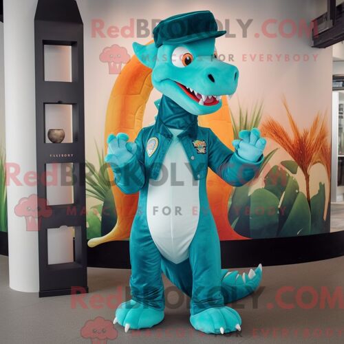 Costume De Mascotte Redbrokoly De Dragon Bleu Sarcelle Habillé D Un Jean Évasé Et D Épingles À Chapeau