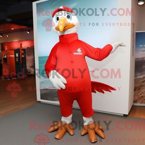 Costume Mascotte Redbrokoly De Mouette Rouge Habillé Avec Un Jean Skinny Et Des Gants