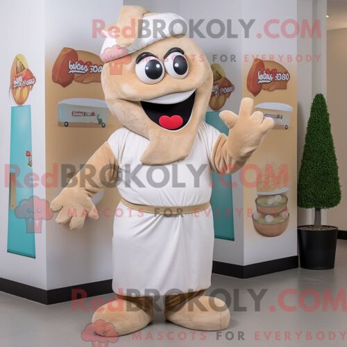 Costume Mascotte Redbrokoly De Falafel Beige Personnage Habillé Avec Une Salopette Et Des Ceintures De Smoking