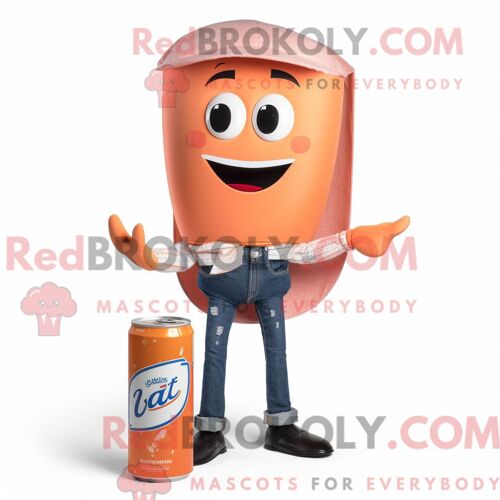 Costume De Mascotte Redbrokoly De Canette De Soda Peach Habillé Avec Un Jean Évasé Et Des Cravates