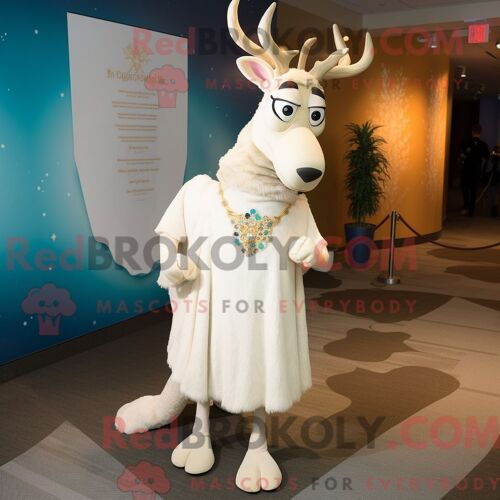 Costume De Mascotte Redbrokoly D Élan Blanc Habillé D Une Robe De Soirée Et De Bracelets De Cheville