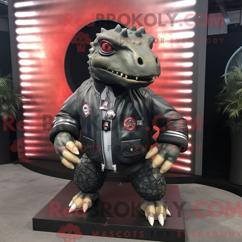 Costume Mascotte Redbrokoly D Ankylosaure Noir Personnage Habillé Avec Un Blouson Aviateur Et Des Bracelets