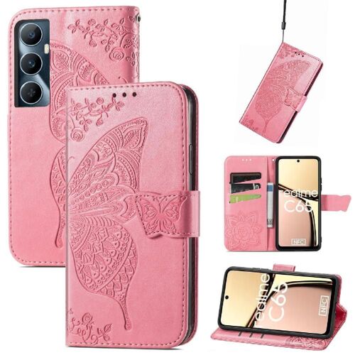 Flip Étui Pour Realme C65 Affaires Portefeuille Multi-Couleur Papillon Aile - Couleur Rose