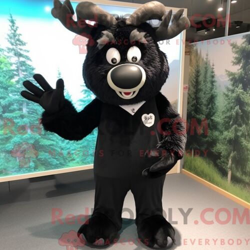 Costume Mascotte Redbrokoly De Cerf Noir Personnage Habillé Avec Un Pantalon Et Des Mitaines