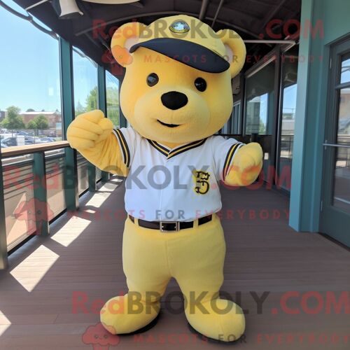 Costume De Mascotte Redbrokoly D Ours Jaune Citron Habillé Avec Un T-Shirt De Baseball Et Des Bretelles