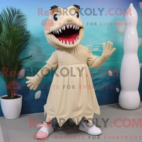 Costume Mascotte Redbrokoly De Barracuda Beige Personnage Habillé D Une Robe Taille Empire Et De Coussinets De Pieds