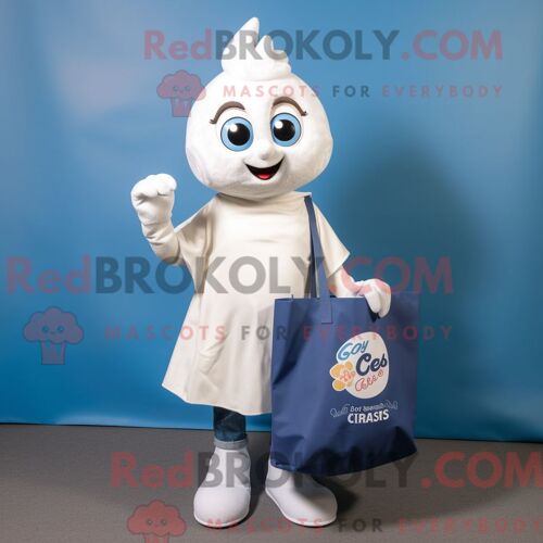 Costume De Mascotte Redbrokoly D Huître Blanche Personnage Habillé D Un Jean Évasé Et De Sacs Fourre-Tout