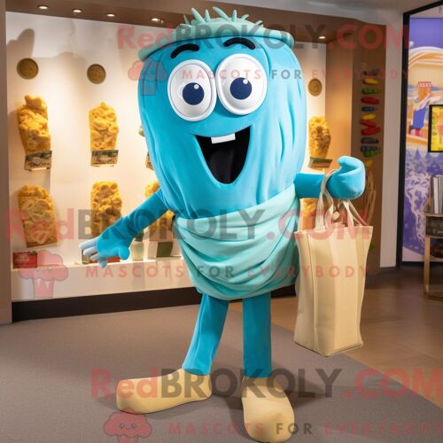 Costume De Mascotte Redbrokoly De Pâtes Au Pesto Bleu Ciel Habillé Avec Un Pantalon Chino Et Des Sacs À Main