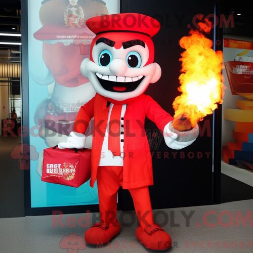 Costume De Mascotte Redbrokoly De Cracheur De Feu Rouge Habillé D Une Chemise En Popeline Et De Pochettes