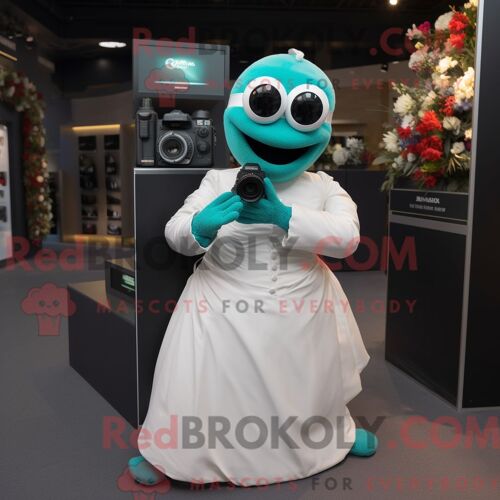 Costume Mascotte Redbrokoly D Appareil Photo Bleu Sarcelle Habillé Avec Une Robe De Mariée Et Des Gants