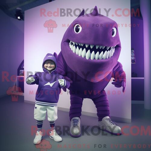 Costume Mascotte Redbrokoly De Mégalodon Violet Personnage Habillé D Un Pull Et De Montres Connectées