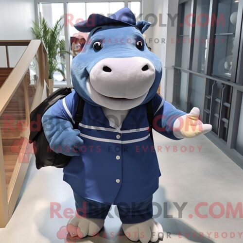 Mascotte Redbrokoly D Hippopotame Bleu Marine Personnage Habillé Avec Une Robe Droite Et Des Sacs À Dos