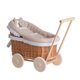 Poussette pour poupée en osier naturel,poignée et roues en bois