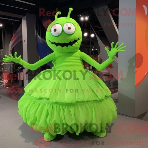 Personnage De Costume De Mascotte Redbrokoly D Araignée Vert Citron Habillé D Une Robe De Bal Et D Enveloppements