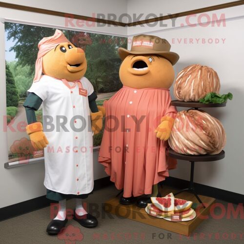 Personnage De Costume De Mascotte Redbrokoly De Sandwich Au Porc Effiloché Aux Pêches Habillé Avec Une Chemise Habillée Et Des Boucles D Or