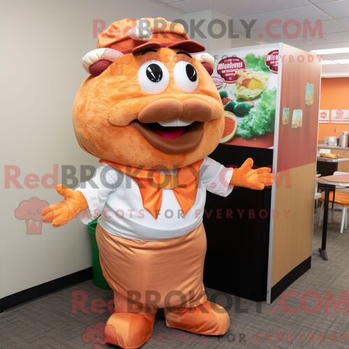 Personnage De Costume De Mascotte Redbrokoly De Sandwich Au Porc Effiloché Aux Pêches Habillé Avec Une Chemise Habillée Et Des Boucles D Or