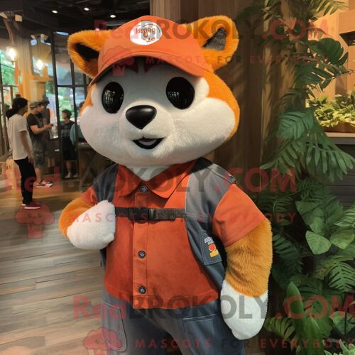 Costume Mascotte Redbrokoly De Panda Roux Orange Habillé Avec Une Salopette Et Une Casquette