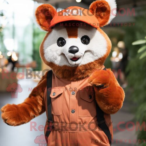 Costume Mascotte Redbrokoly De Panda Roux Orange Habillé Avec Une Salopette Et Une Casquette
