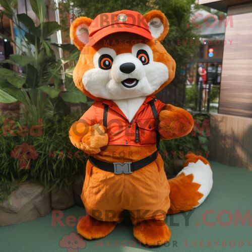 Costume Mascotte Redbrokoly De Panda Roux Orange Habillé Avec Une Salopette Et Une Casquette