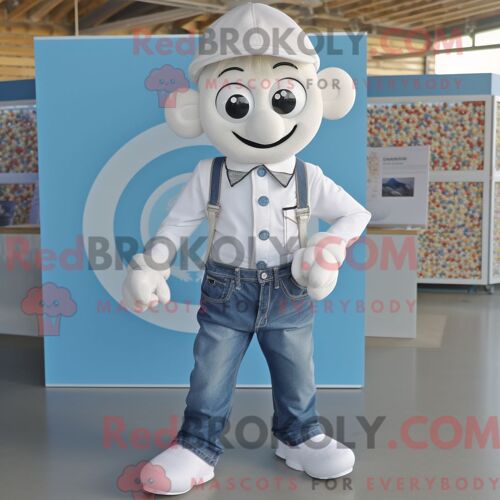 Costume Mascotte Redbrokoly De Bonbon Blanc Personnage Habillé Avec Une Chemise En Jean Et Des Bagues