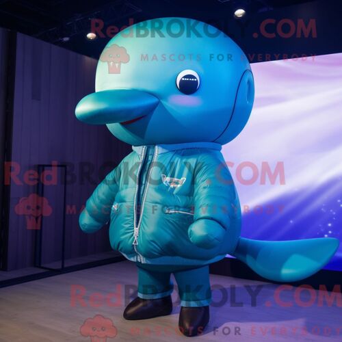 Costume De Mascotte Redbrokoly De Baleine Bleue Cyan Habillé D Un Blouson Aviateur Et De Montres