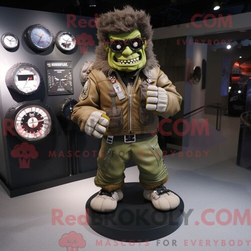 Costume De Mascotte Redbrokoly De Monstre De Frankenstein Marron Habillé D Un Blouson Aviateur Et De Montres-Bracelets