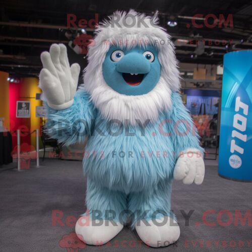 Costume De Mascotte Redbrokoly De Yéti Bleu Ciel Personnage Habillé Avec Une Combinaison Et Des Châles