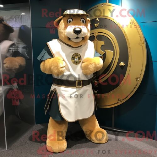 Personnage De Costume De Mascotte Redbrokoly De Bouclier Celtique Doré Habillé D Un Short Cargo Et De Boutons De Manchette
