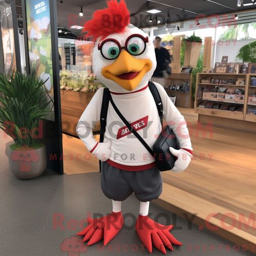 Personnage Mascotte Redbrokoly De Coqs Habillé Avec Un Pantalon De Jogging Et Des Portefeuilles