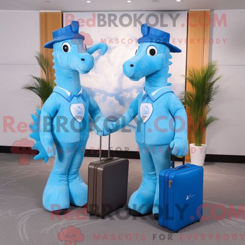 Costume Mascotte Redbrokoly D Hippocampe Bleu Ciel Personnage Habillé Avec Une Robe Fourreau Et Des Porte-Documents