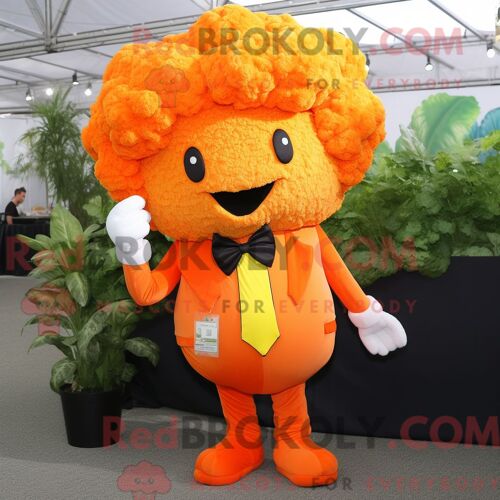 Mascotte Redbrokoly De Chou-Fleur Orange Personnage Habillé Avec Un Pantalon De Costume Et Des Bretelles