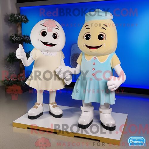 Costume De Mascotte Redbrokoly De Paire De Patins À Glace Crème Habillé D Une Robe Droite Et De Portefeuilles