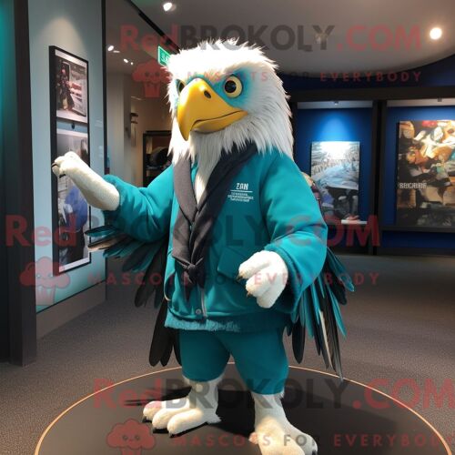 Costume Mascotte Redbrokoly D Aigle De Haast Turquoise Personnage Habillé Avec Une Veste Et Des Bracelets