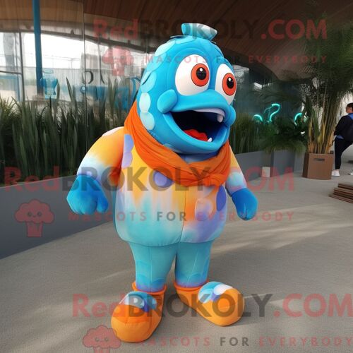 Costume De Mascotte Redbrokoly De Poisson Clown Cyan Habillé D Une Veste Et De Broches