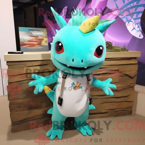 Costume Mascotte Redbrokoly D Axolotls Turquoise Personnage Habillé Avec Un Débardeur Et Des Bracelets