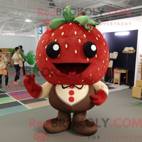 Personnage De Costume De Mascotte Redbrokoly De Fraise Marron Habillé Avec Une Robe Trapèze Et Des Lacets De Chaussures
