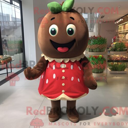 Personnage De Costume De Mascotte Redbrokoly De Fraise Marron Habillé Avec Une Robe Trapèze Et Des Lacets De Chaussures