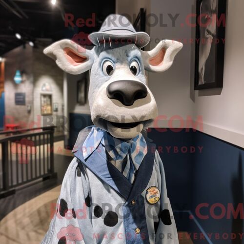 Costume De Mascotte Redbrokoly De Vache Holstein Argentée Personnage Habillé D Une Chemise En Chambray Et D Épingles À Châle